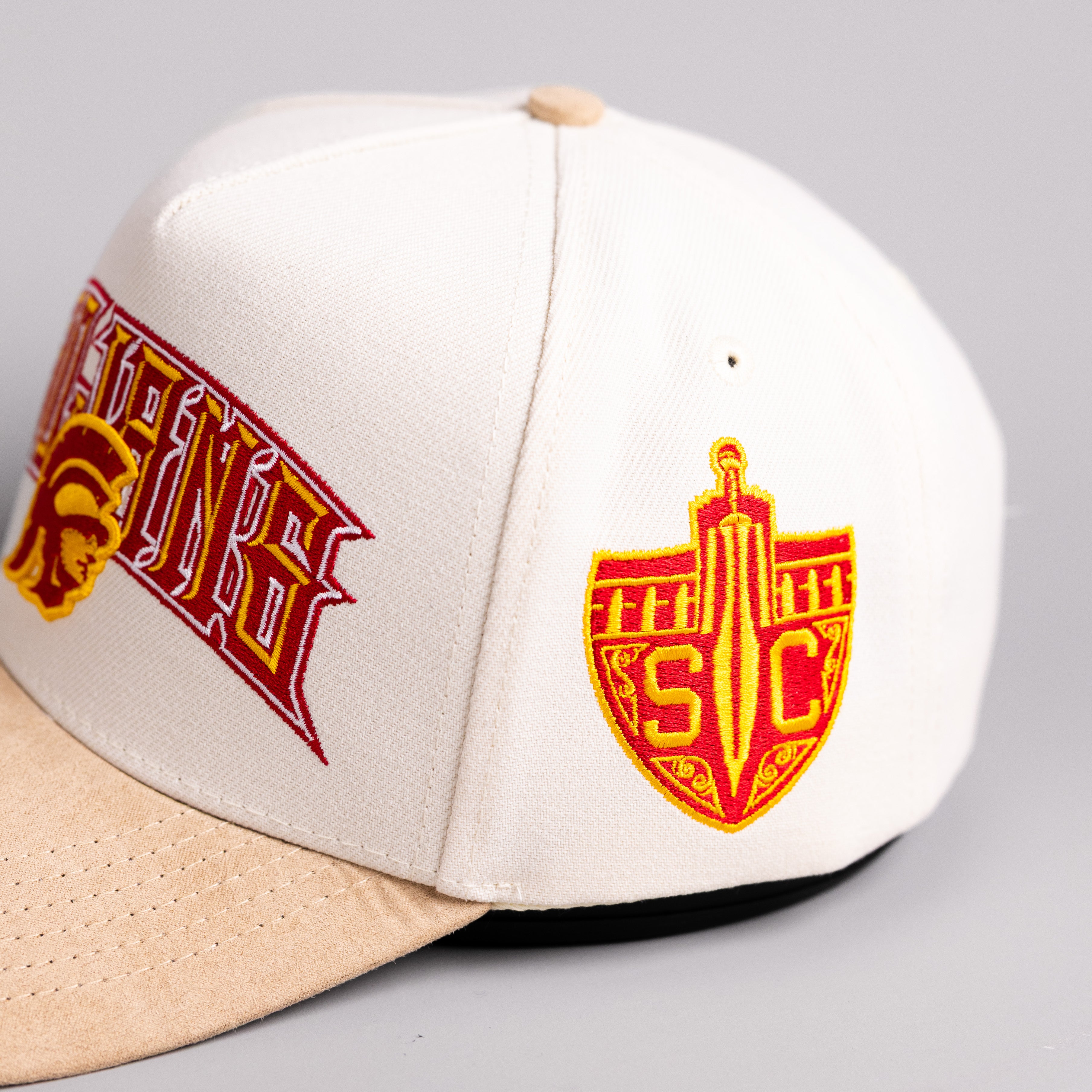 USC Trojans Hat Cream & Tan Suede SC Patch Snapback - Side Patch Detail