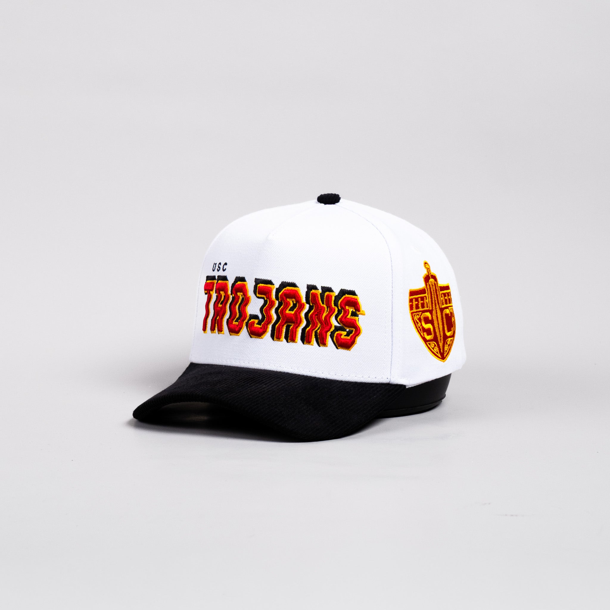 USC Trojans Hat White & Black Corduroy Stadium Pulse Snapback - Angled View