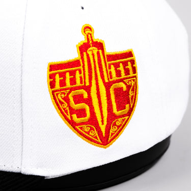 USC Trojans Hat White & Black Corduroy Stadium Pulse Snapback - Side Shield Patch Embroidery Detail