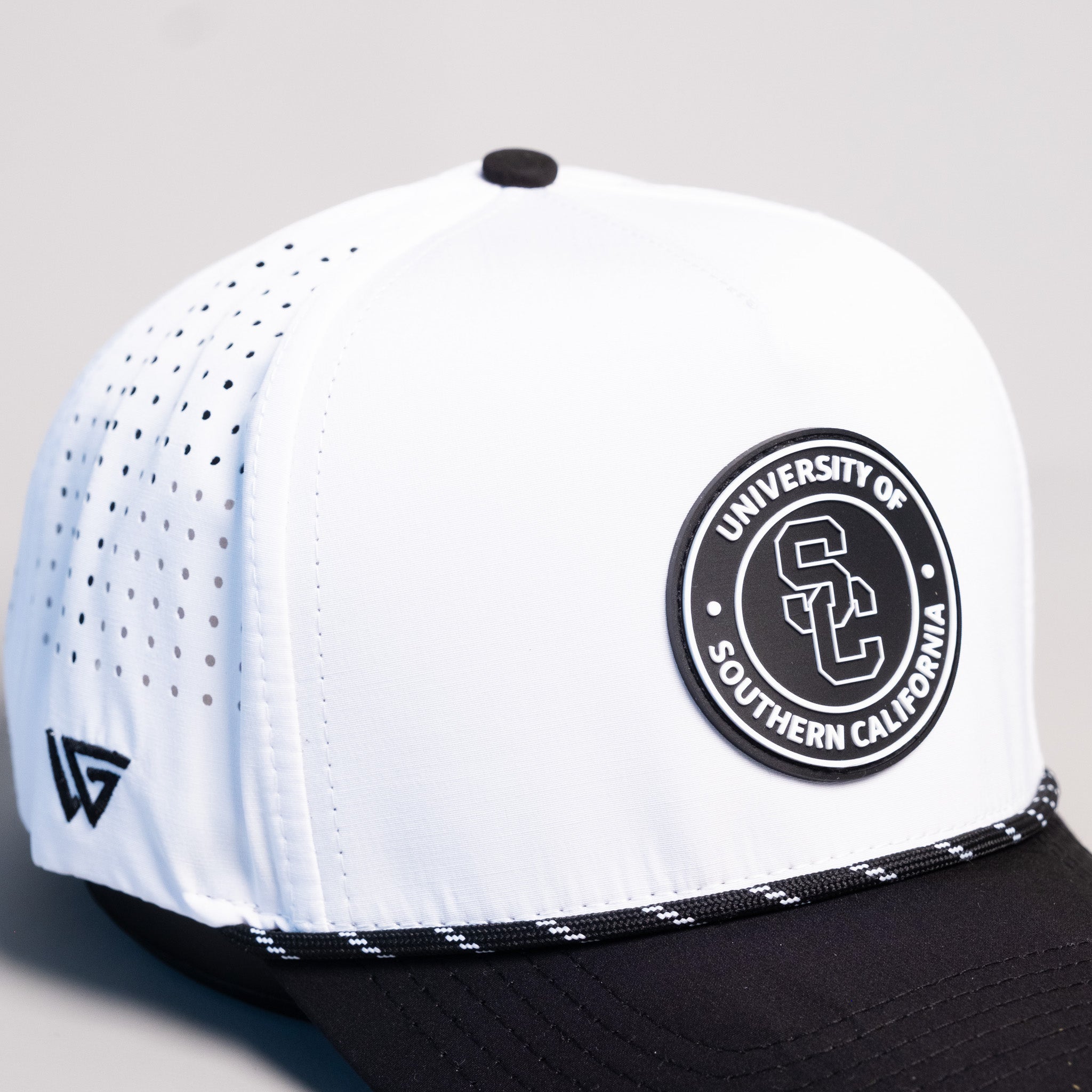 USC Trojans Hat White & Black Tee Box Performance Rope Snapback - Angled View