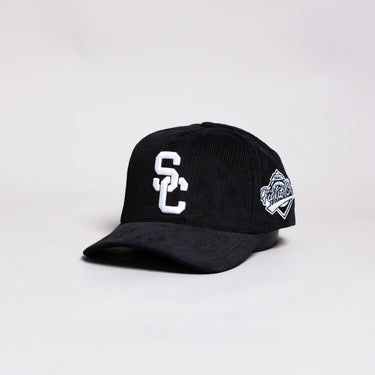 USC Trojans Interlock Hat Black Corduroy White Logo Side Patch Snapback - Angled View