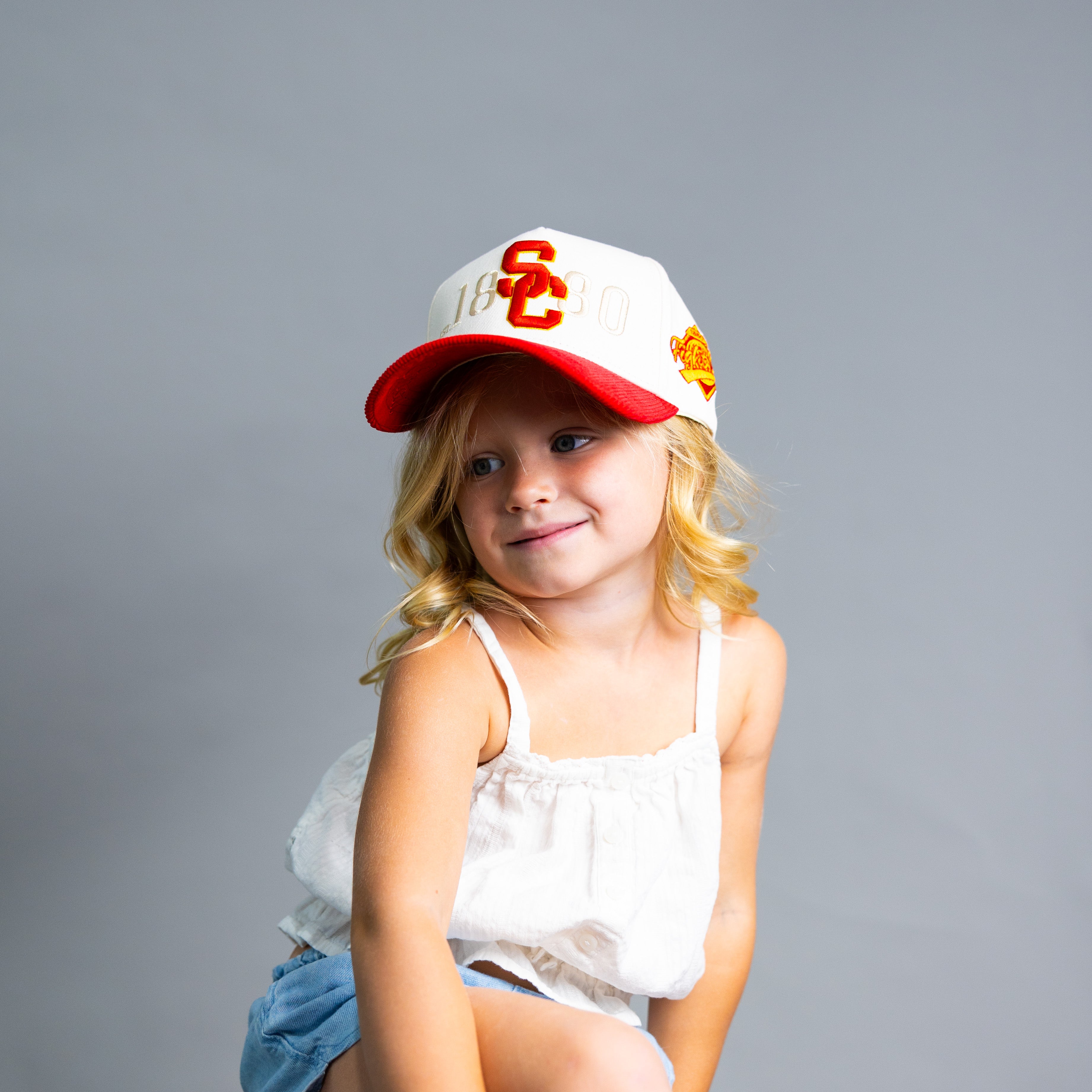 USC Trojans Kids Hat Cream & Cardinal 1880 Snapback - On Model Seated