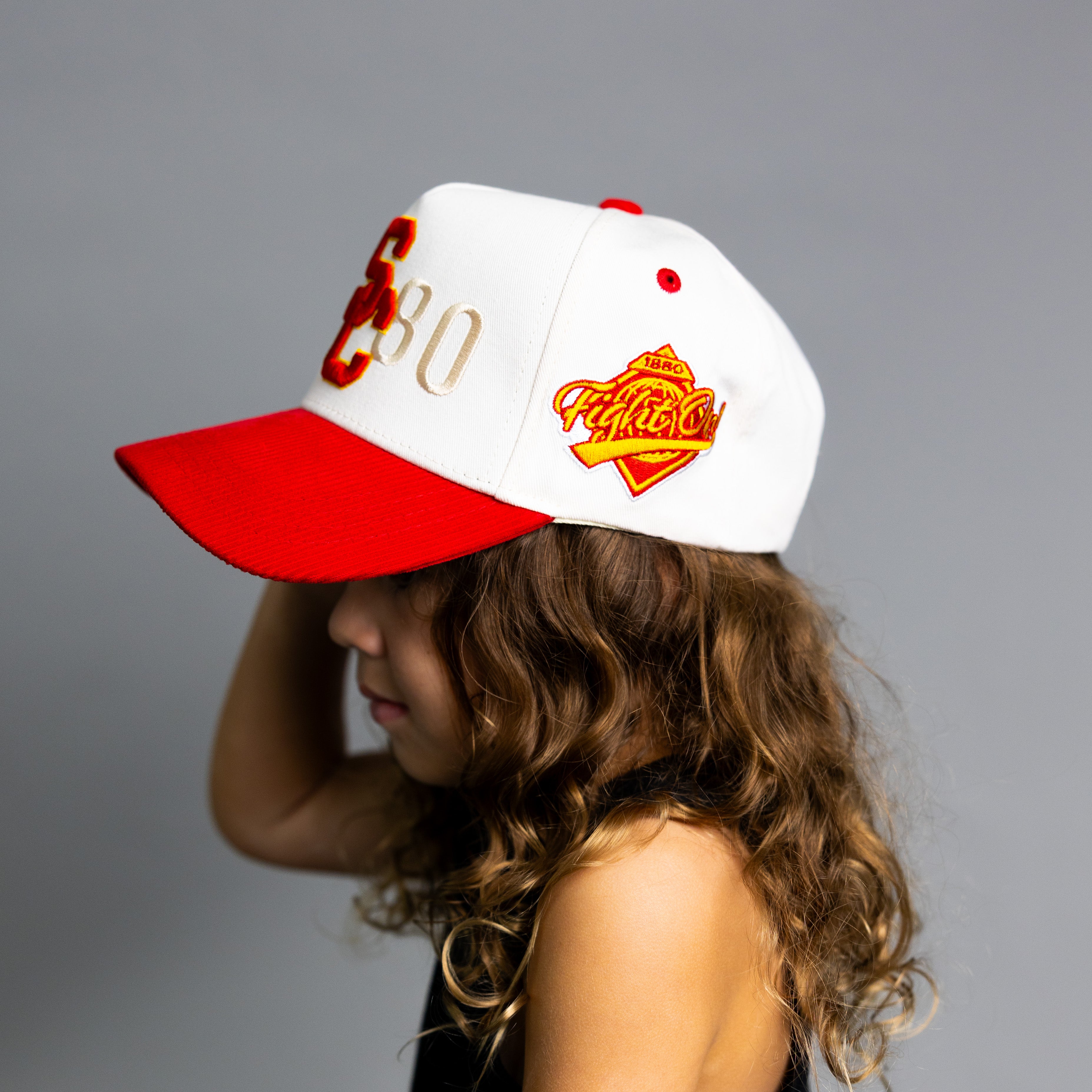 USC Trojans Kids Hat Cream & Cardinal 1880 Snapback - On Model Side Profile Lifestyle