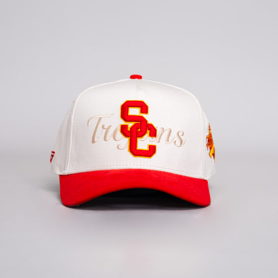 USC Trojans SC Hat Cream and Cardinal Suede Snapback - Front Panel