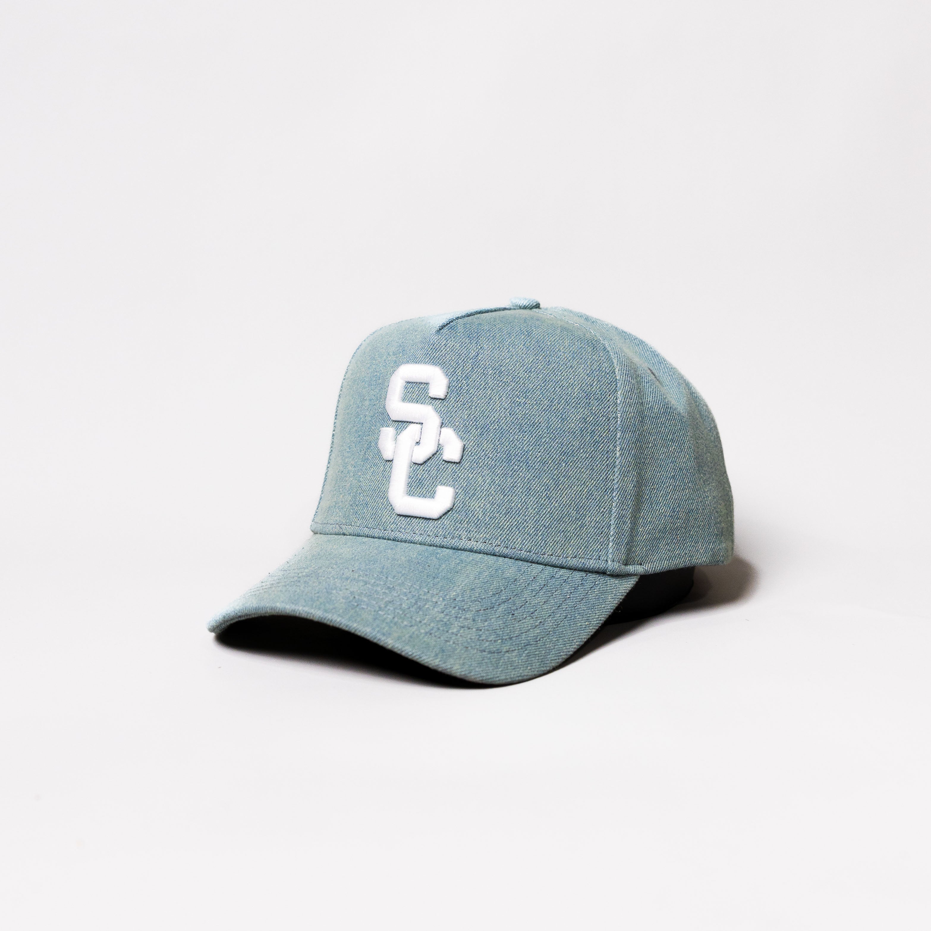 USC Trojans SC Hat Light Blue Denim White Logo Fight On Back Snapback - Angled View