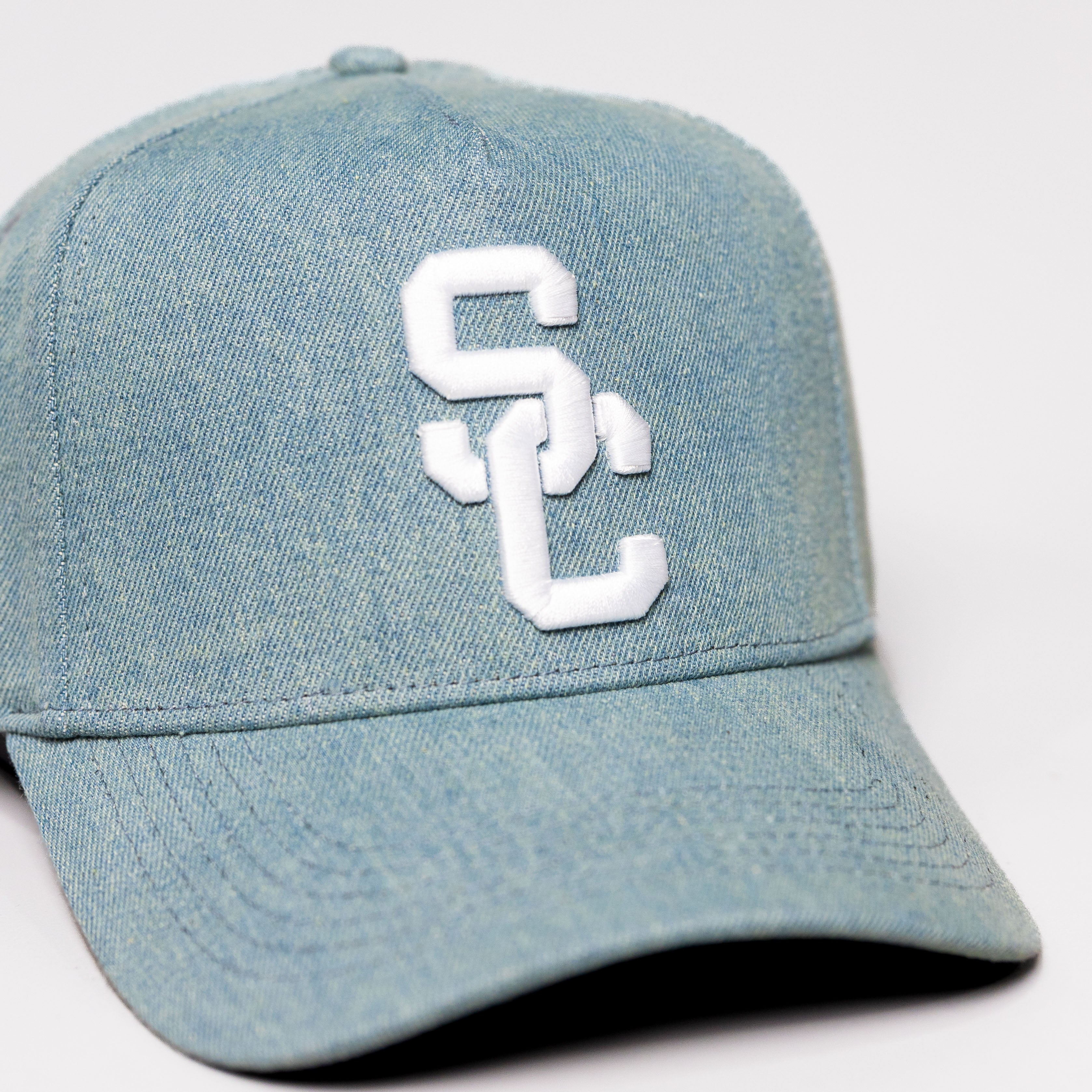 USC Trojans SC Hat Light Blue Denim White Logo Fight On Back Snapback - Front Detail