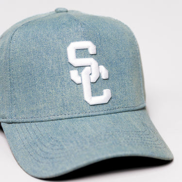 USC Trojans SC Hat Light Blue Denim White Logo Fight On Back Snapback - Front Detail