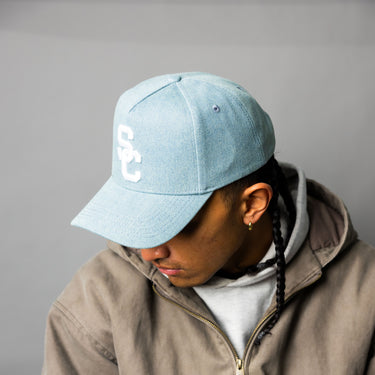 USC Trojans SC Hat Light Blue Denim White Logo Fight On Back Snapback - On Model Lifestyle