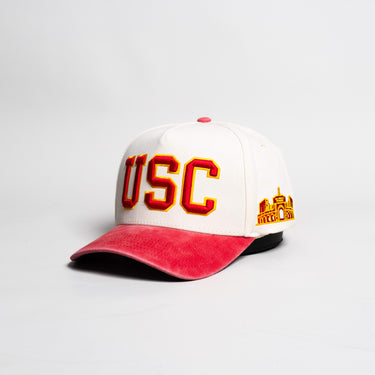 USC Trojans Sun Fade Hat Cream Cardinal Suede Snapback - Angled View