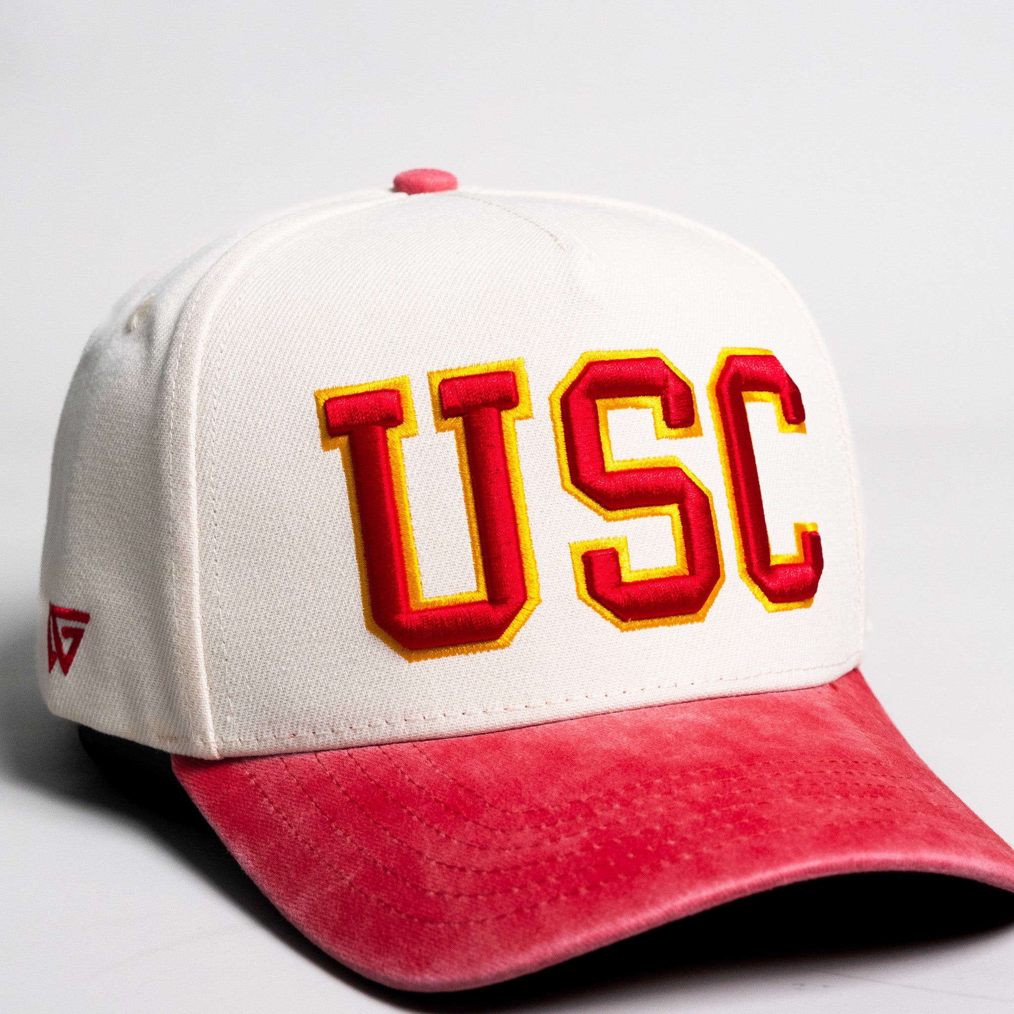USC Trojans Sun Fade Hat Cream Cardinal Suede Snapback - Front Detail