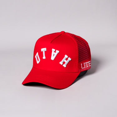 Utah Mesh Trucker Hat Red Snapback with Bold UTAH Script - Angled View