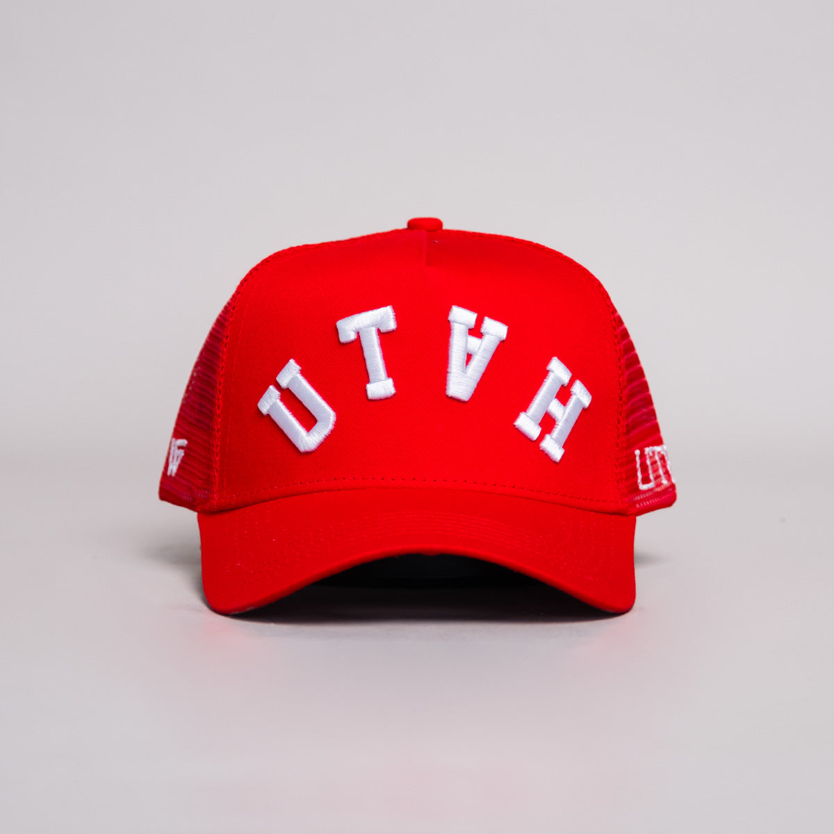 Utah Mesh Trucker Hat Red Snapback with Bold UTAH Script - Front Panel