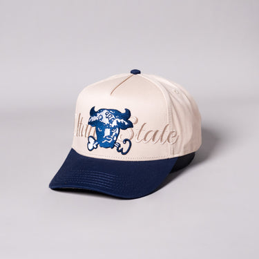 Utah State Aggies Bull Hat Cream & Navy Writtn Snapback - Angled View