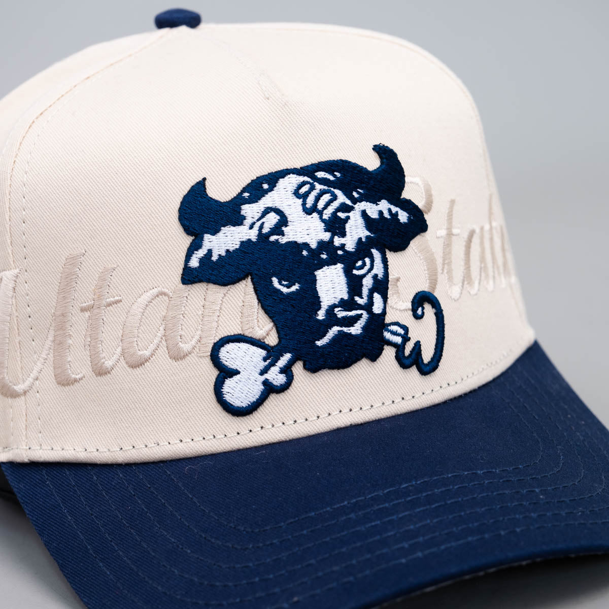 Utah State Aggies Bull Hat Cream & Navy Writtn Snapback - Front Detail