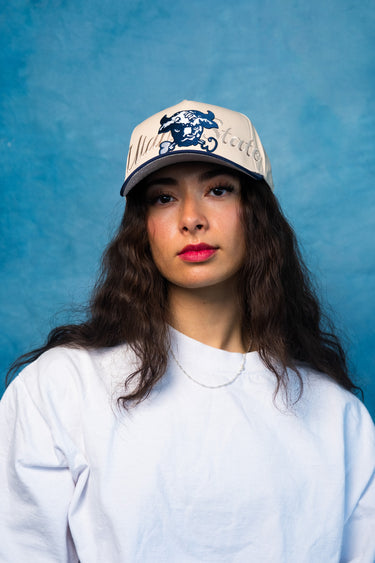 Utah State Aggies Bull Hat Cream & Navy Writtn Snapback - On Model Lifestyle