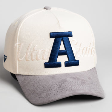 Utah State Aggies Hat Cream & Grey Suede Stacked Script - Angled View