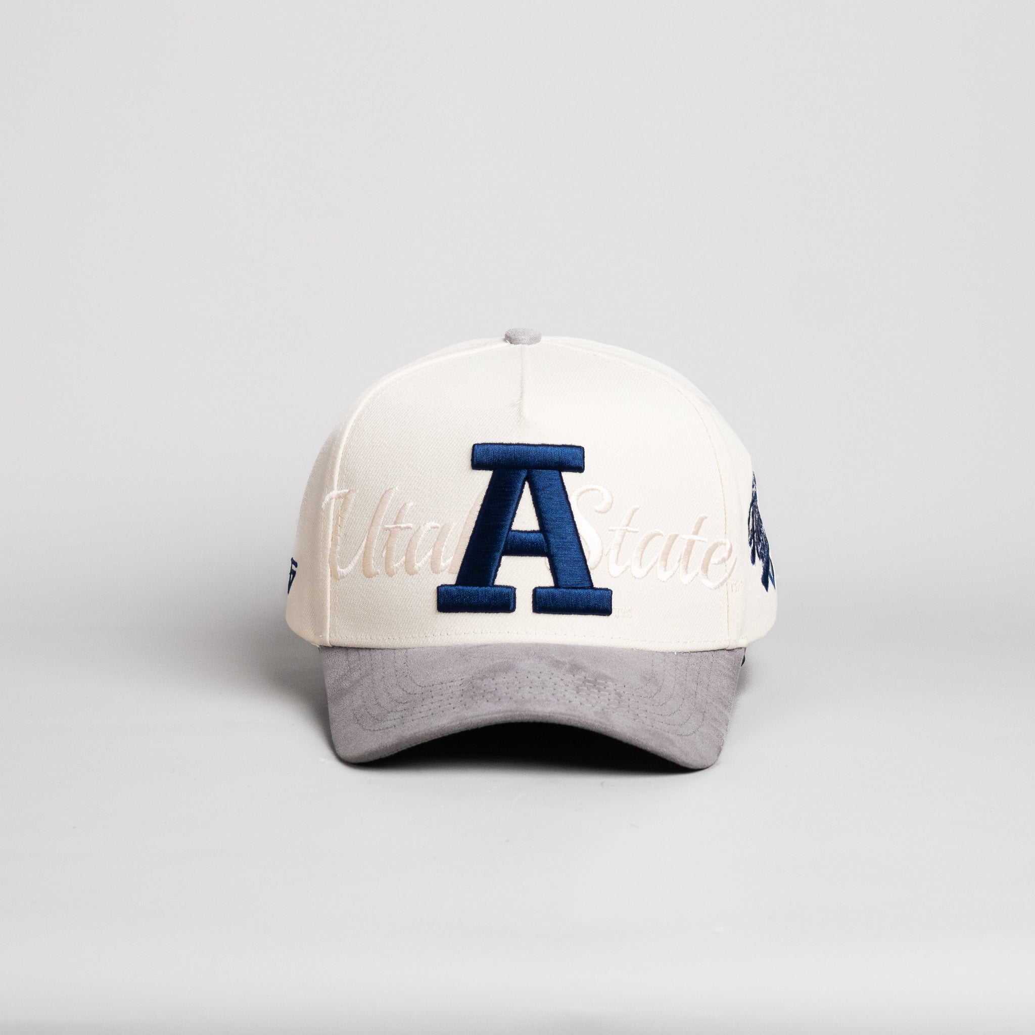 Utah State Aggies Hat Cream & Grey Suede Stacked Script - Front Panel