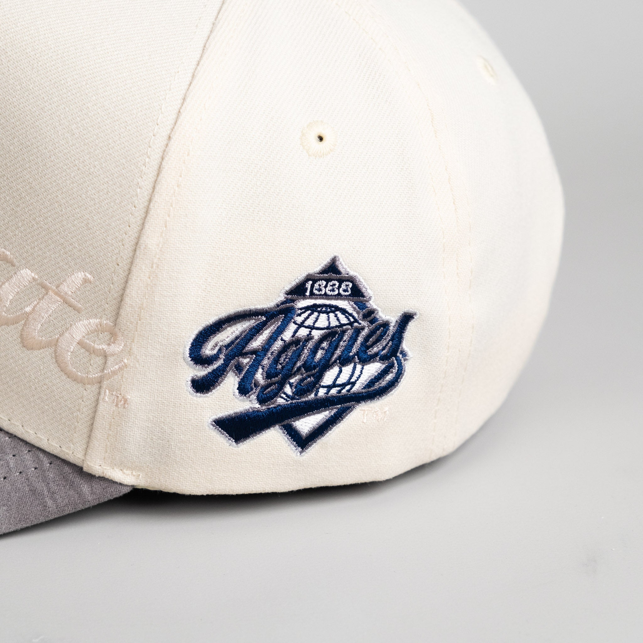Utah State Aggies Hat Cream & Grey Suede Stacked Script - Side Patch Detail