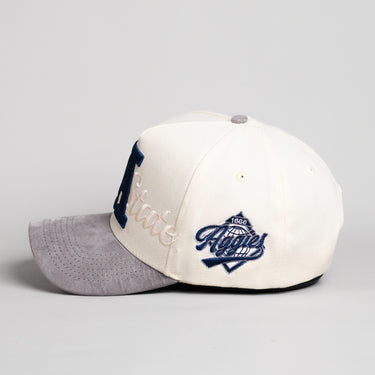 Utah State Aggies Hat Cream & Grey Suede Stacked Script - Side Patch