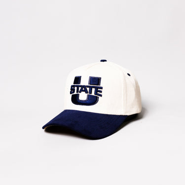 Utah State Aggies Hat Cream & Navy Courtside Snapback - Angled View
