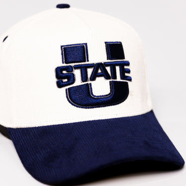 Utah State Aggies Hat Cream & Navy Courtside Snapback - Front Detail