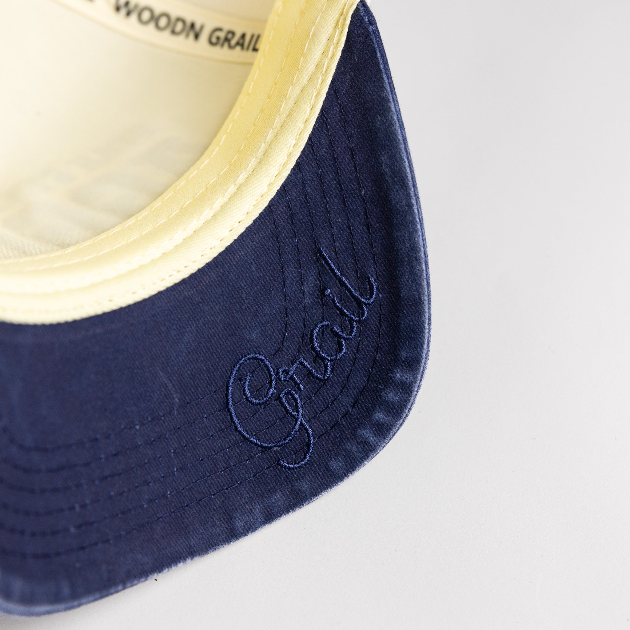 Utah State Aggies Hat Cream & Navy Tilt Snapback - Underbrim Detail