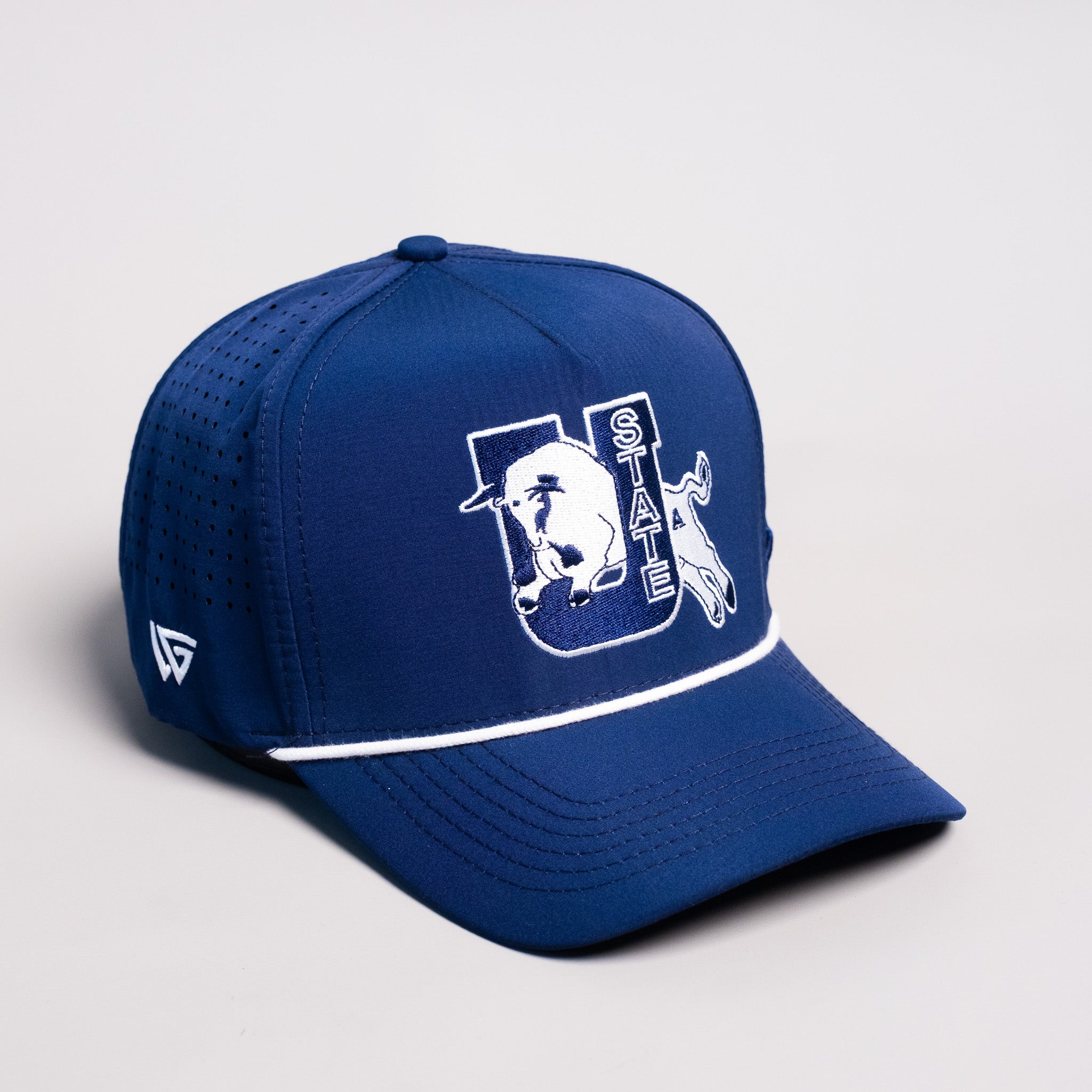 Utah State Aggies Hat Navy Tee Box Performance Rope Snapback - Angled View