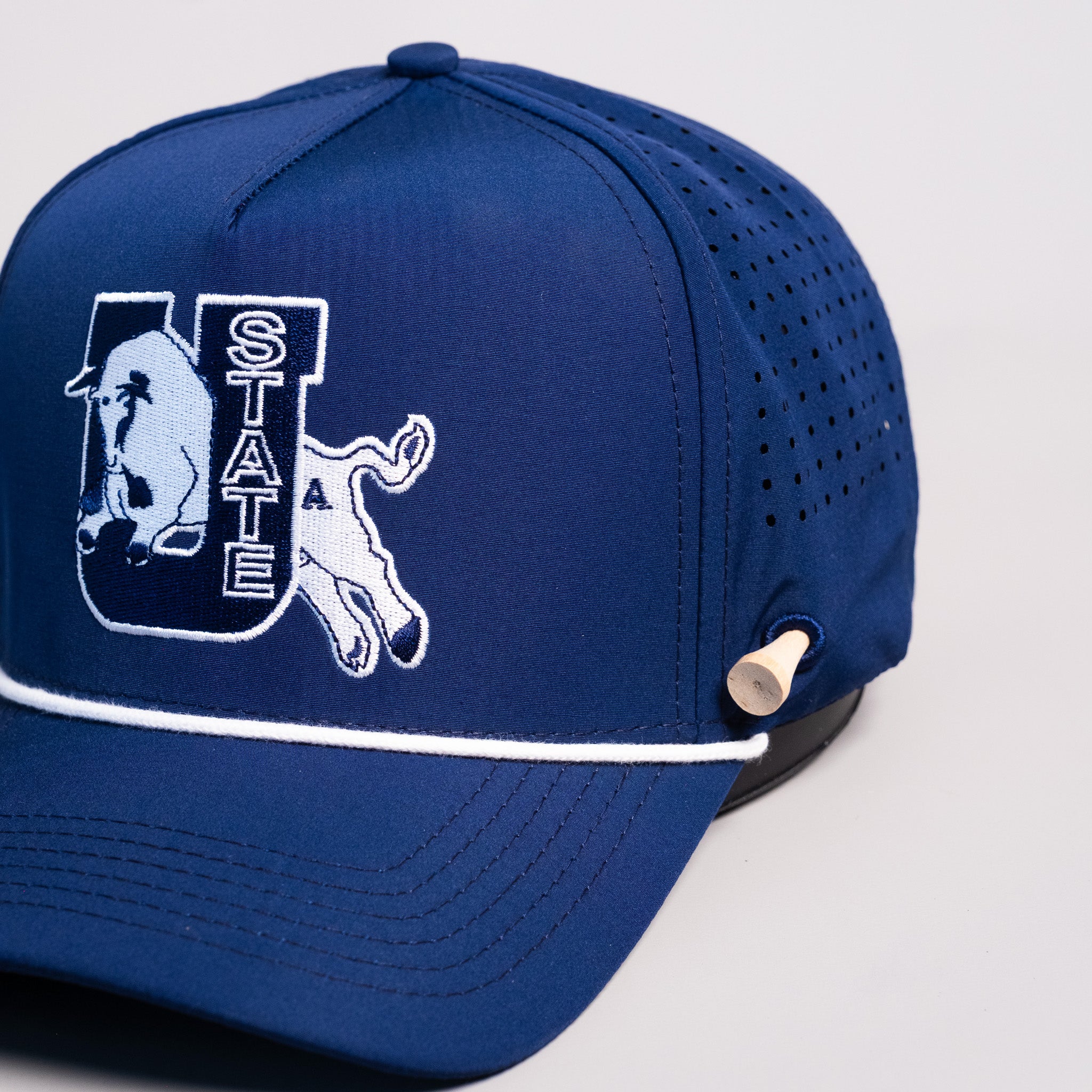 Utah State Aggies Hat Navy Tee Box Performance Rope Snapback - Front Detail Angled