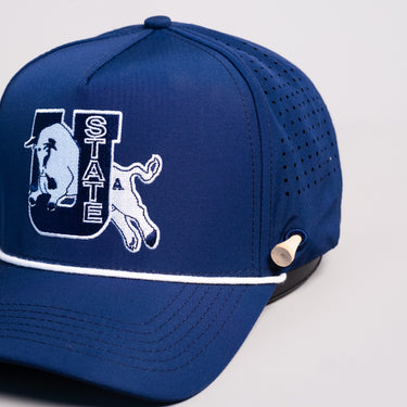Utah State Aggies Hat Navy Tee Box Performance Rope Snapback - Front Detail Angled