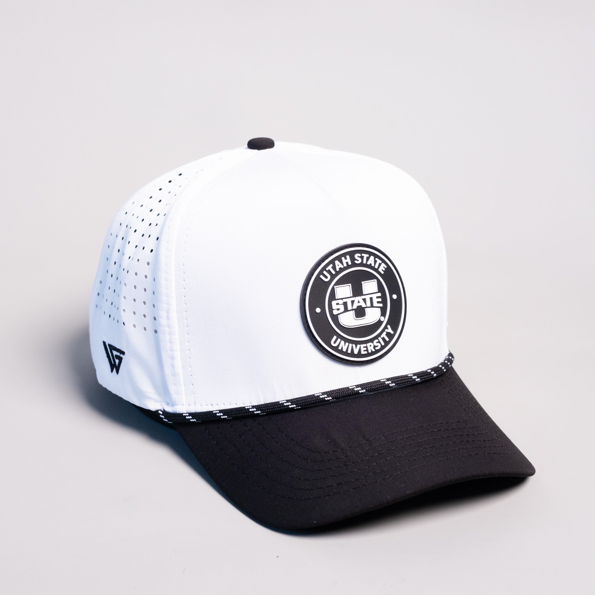 Utah State Aggies Hat White & Black Tee Box Performance Rope Snapback - Angled View