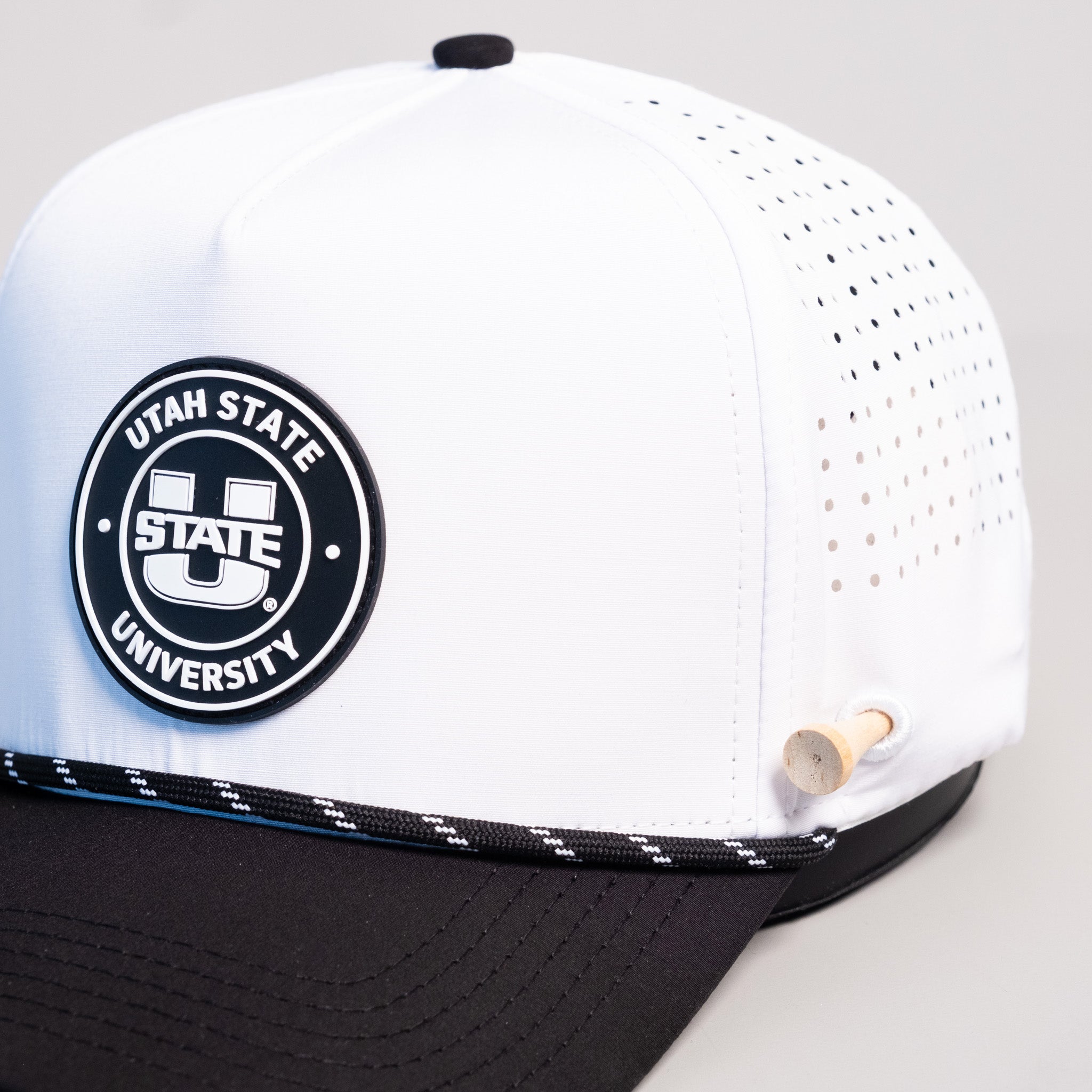 Utah State Aggies Hat White & Black Tee Box Performance Rope Snapback - Front Detail Angled