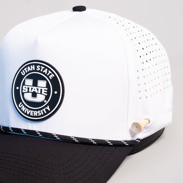 Utah State Aggies Hat White & Black Tee Box Performance Rope Snapback - Front Detail Angled