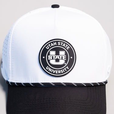 Utah State Aggies Hat White & Black Tee Box Performance Rope Snapback - Front Detail