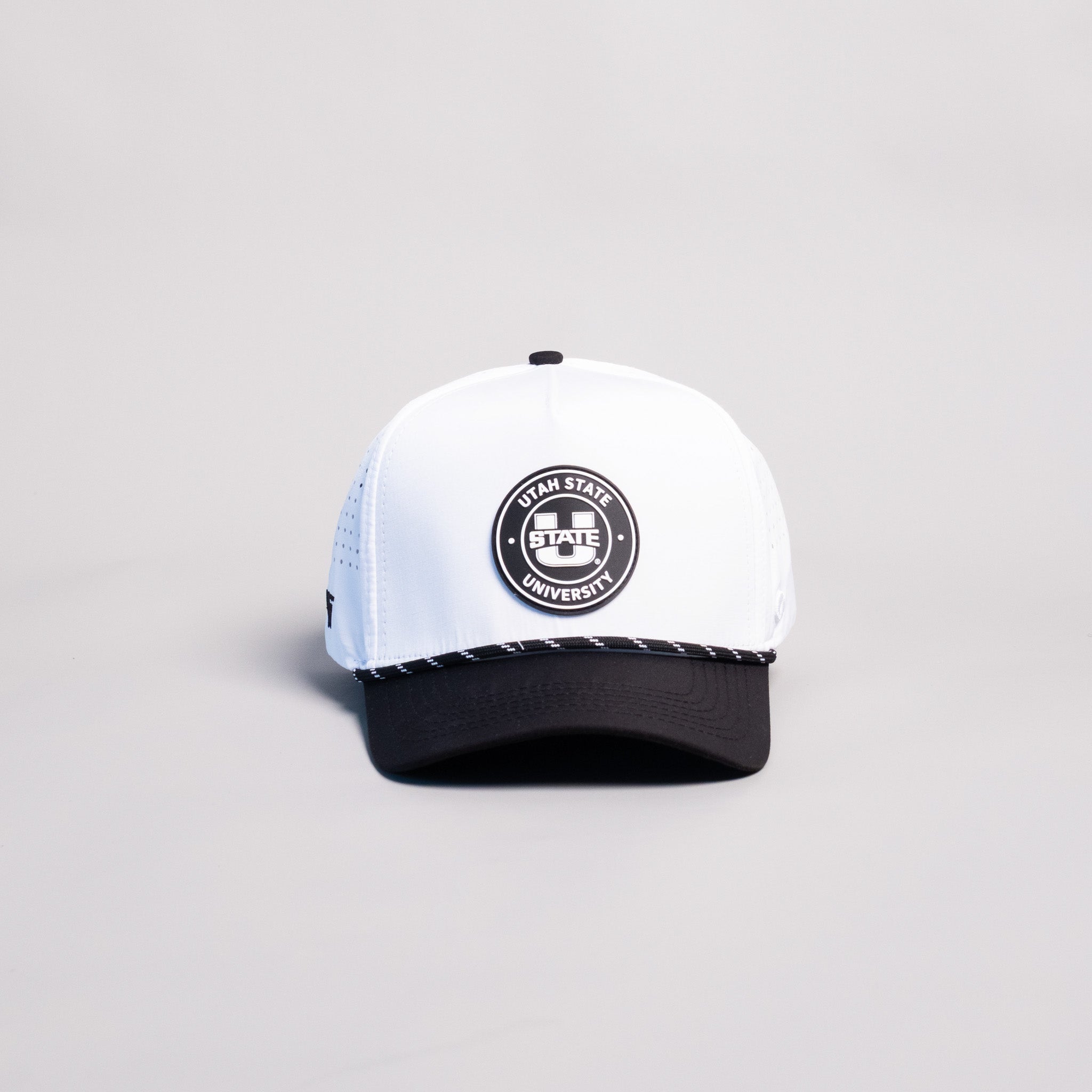 Utah State Aggies Hat White & Black Tee Box Performance Rope Snapback - Front Panel