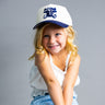 Utah State Aggies Kids Hat Cream and Navy Bull Snapback - On Model Lifestyle