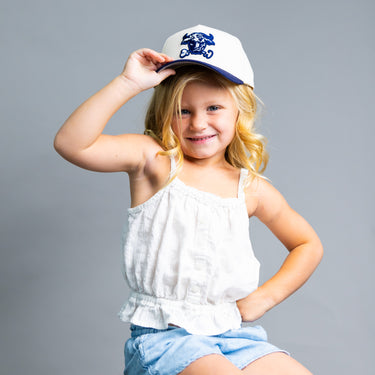 Utah State Aggies Kids Hat Cream and Navy Bull Snapback - On Model Portrait Lifestyle