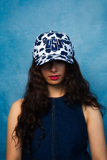 Utah State Cow Print Snapback Hat Limited Edition Aggie Hat - On Model Portrait Lifestyle