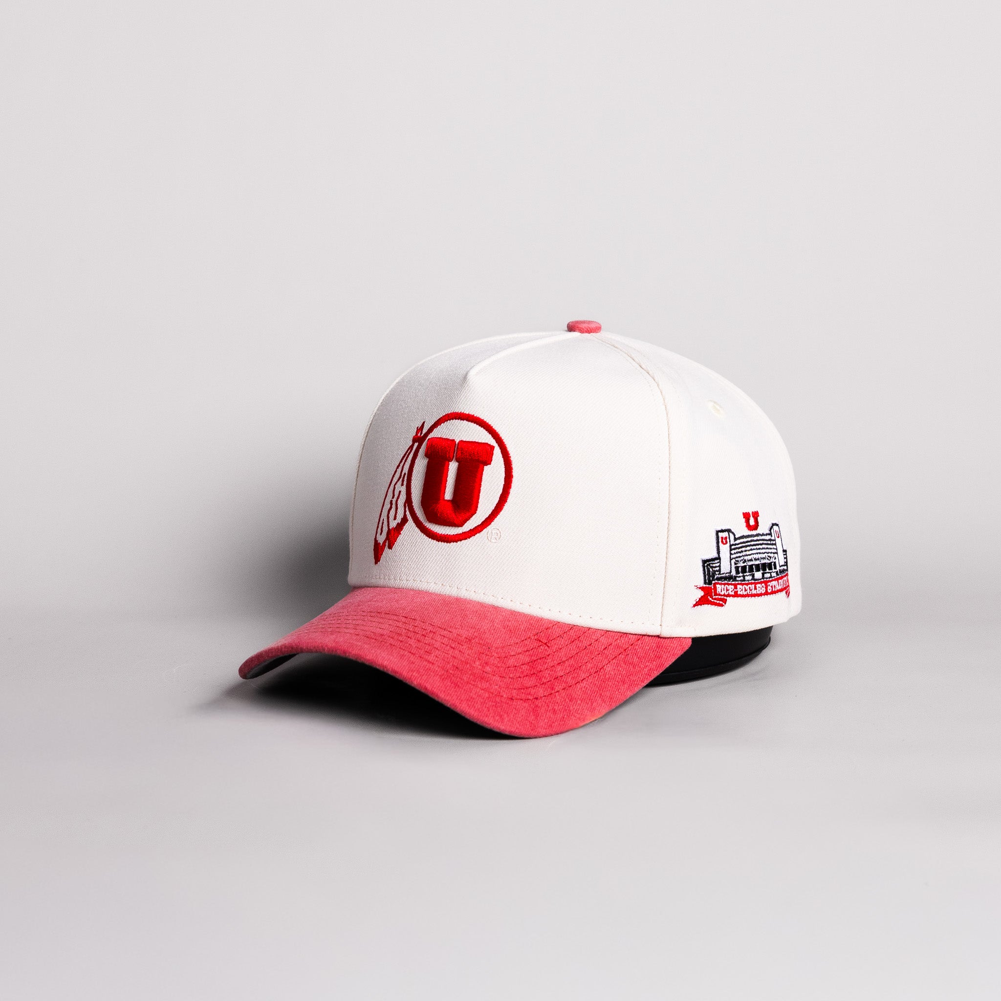 Utah Utes Drum and Feather Hat Cream Cotton Red Suede Brim Rice-Eccles Stadium Snapback - Angled View