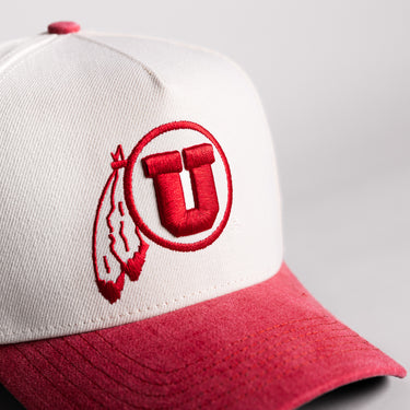 Utah Utes Drum and Feather Hat Cream Cotton Red Suede Brim Rice-Eccles Stadium Snapback - Front Detail
