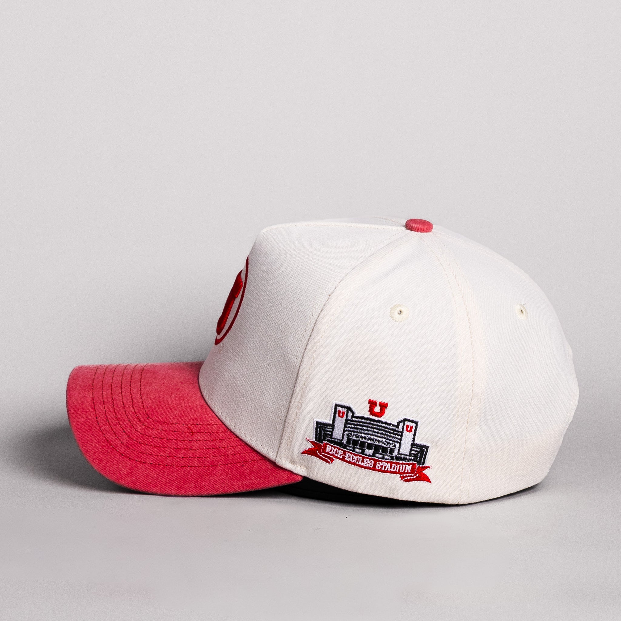 Utah Utes Drum and Feather Hat Cream Cotton Red Suede Brim Rice-Eccles Stadium Snapback - Side Stadium Embroidery