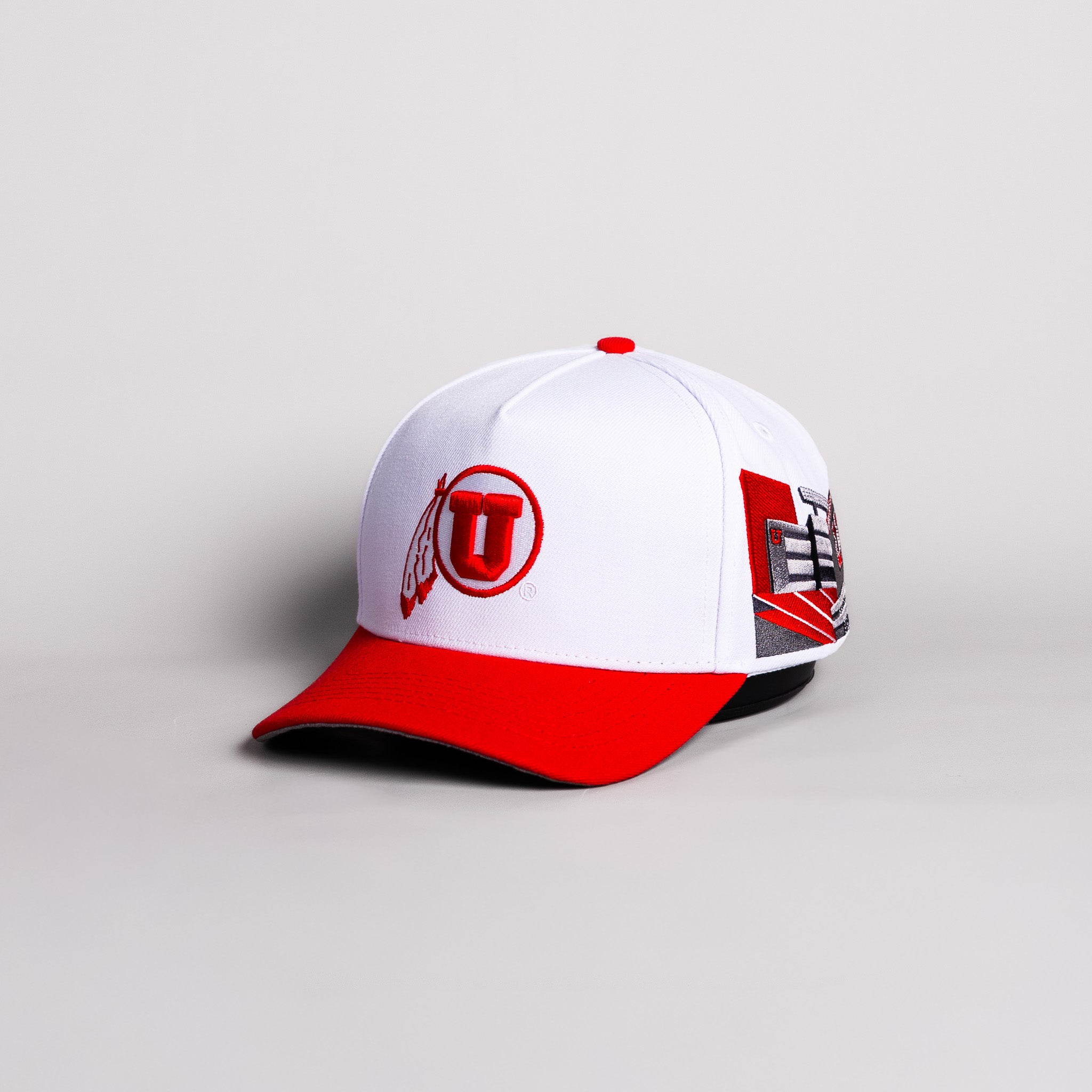 Utah Utes Drum and Feather Hat White Cotton Red Brim Rice-Eccles Stadium Snapback - Angled View