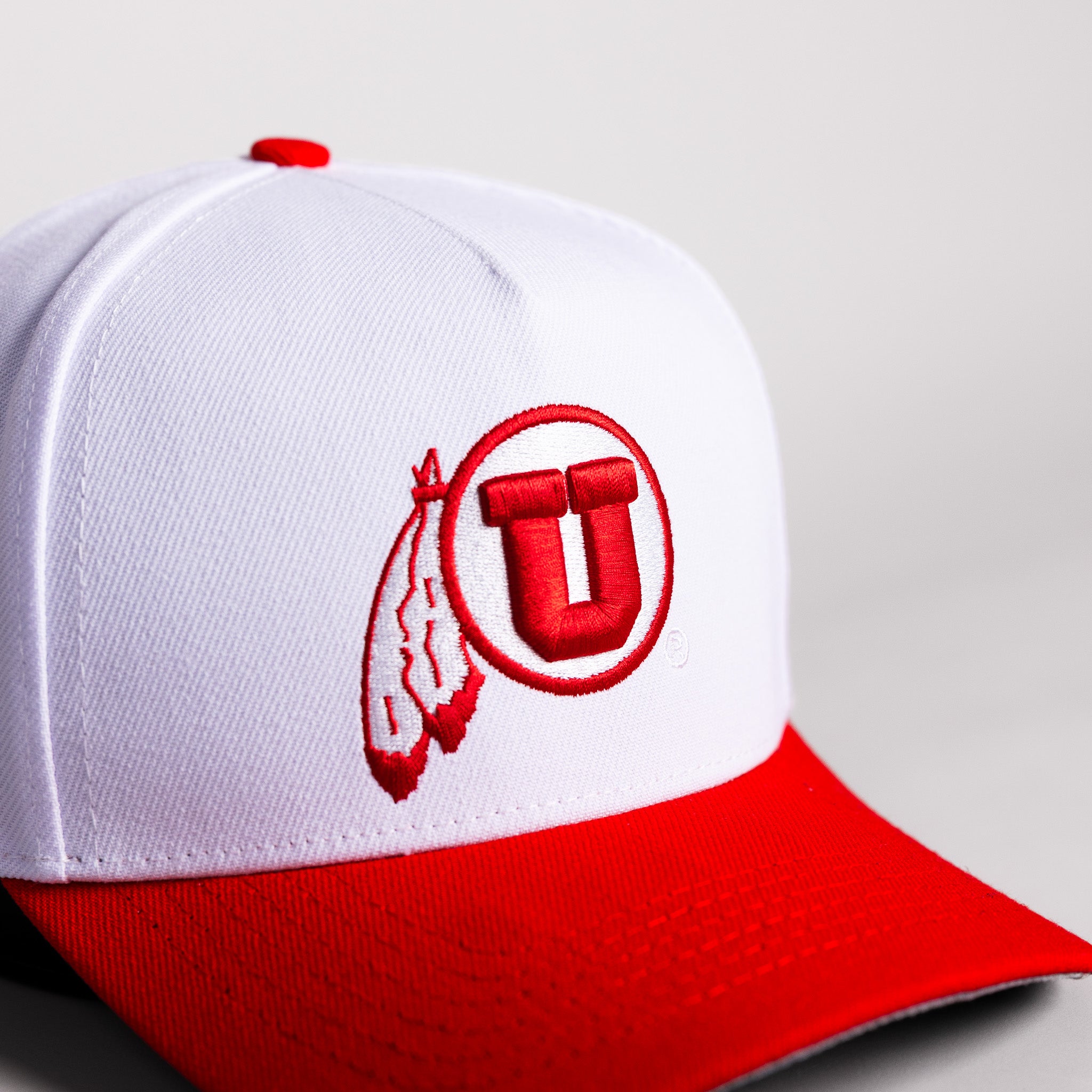 Utah Utes Drum and Feather Hat White Cotton Red Brim Rice-Eccles Stadium Snapback - Front Detail
