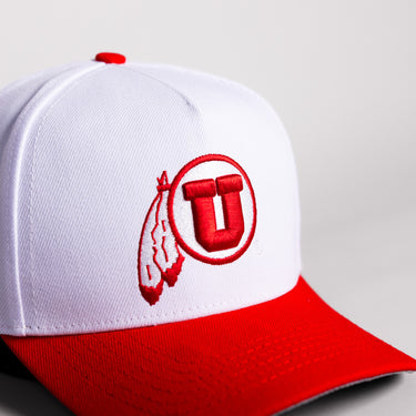 Utah Utes Drum and Feather Hat White Cotton Red Brim Rice-Eccles Stadium Snapback - Front Detail