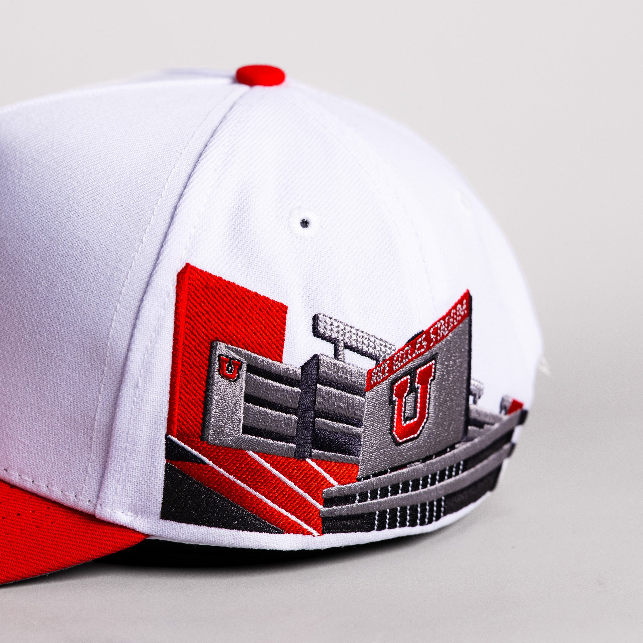 Utah Utes Drum and Feather Hat White Cotton Red Brim Rice-Eccles Stadium Snapback - Stadium Embroidery Detail
