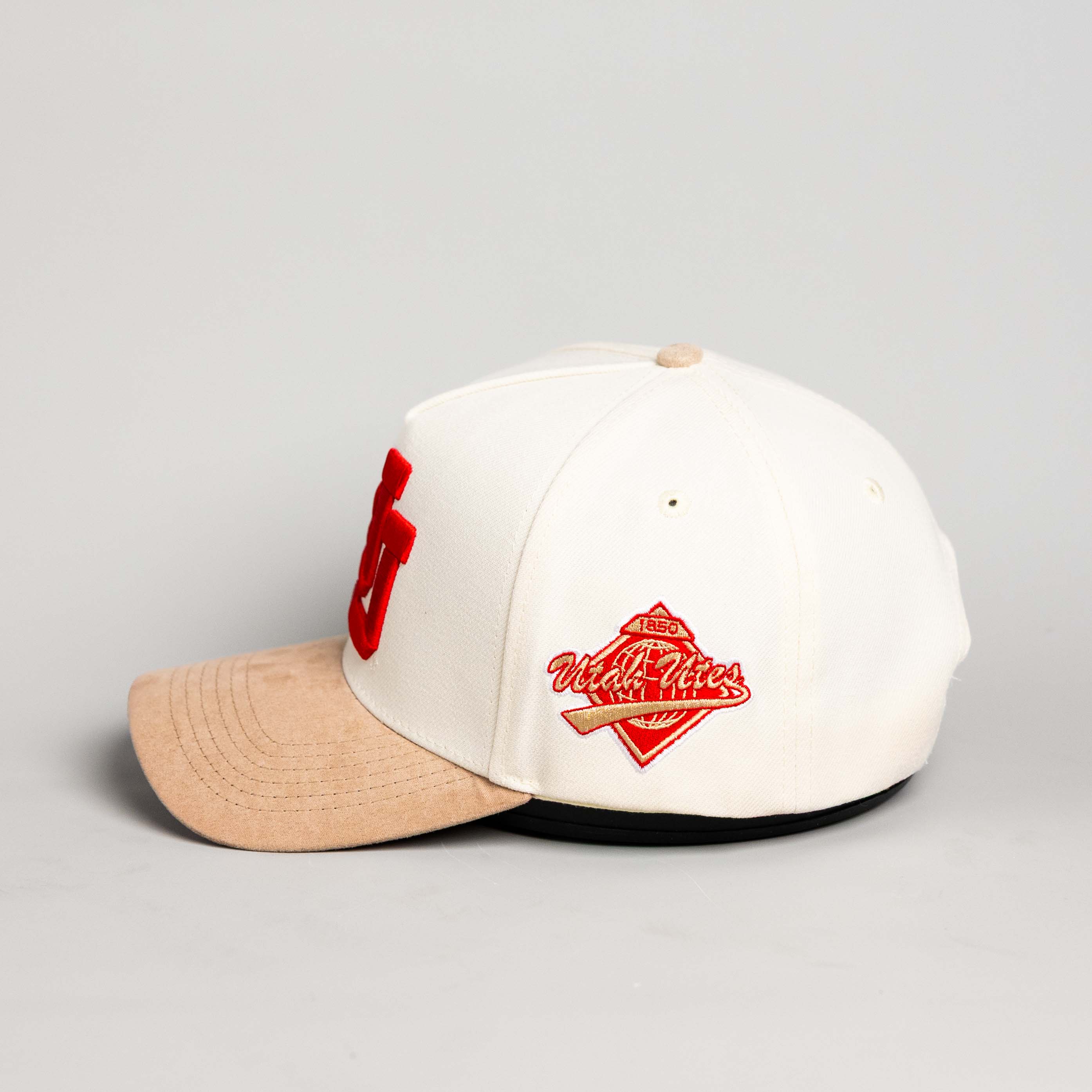 Utah Utes Hat Cream & Beige Suede UU Snapback - Side Patch