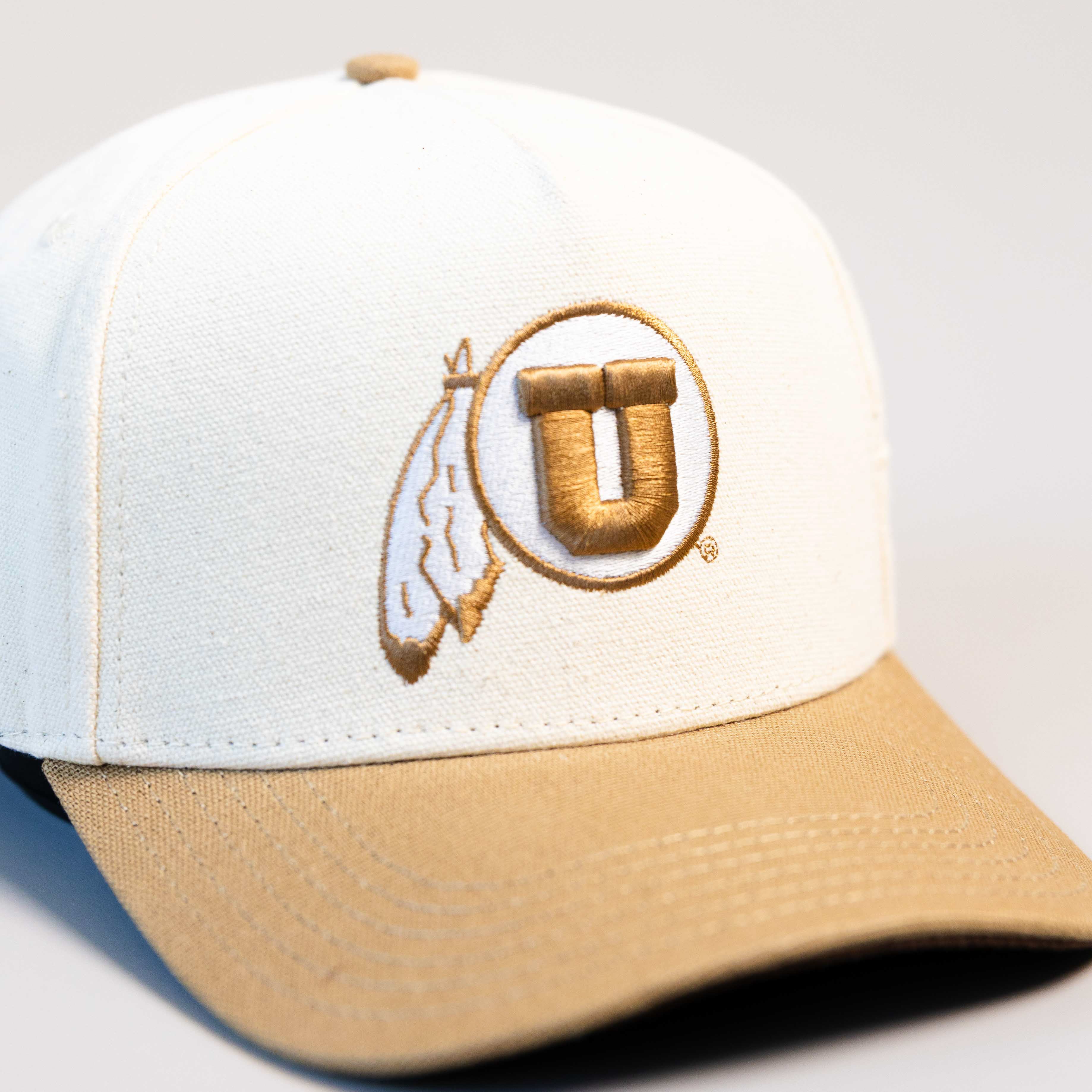 Utah Utes Hat Cream & Tan Jobsite Canvas Snapback - Front Detail