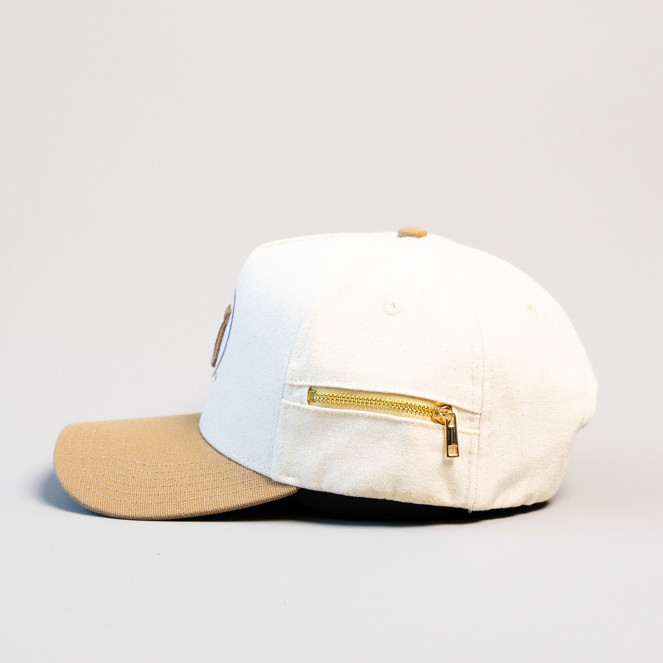 Utah Utes Hat Cream & Tan Jobsite Canvas Snapback - Side Zip Pocket Detail