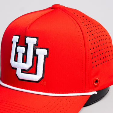 Utah Utes Hat Red Tee Box Performance Rope Snapback - Front Detail Angled