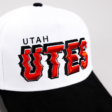 Utah Utes Hat White & Black Corduroy Stadium Pulse Snapback - Front Detail