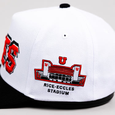 Utah Utes Hat White & Black Corduroy Stadium Pulse Snapback - Rice-Eccles Stadium Embroidery Detail